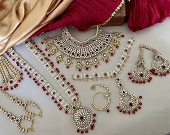 Conjunto de joyería nupcial india/Conjunto nupcial completo granate/Conjunto de collar Kundan rojo/Joyería india/Pendientes Chandbali/Joyería de Bollywood/Conjunto de boda