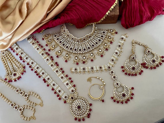 Indian Bridal Jewelry Set maroon Full Bridal Set red Kundan Necklace Set indian Jewelry chandbali Earrings bollywood Jewelry wedding Set Etsy
