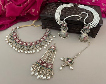 Parure de bijoux de mariée polki/parure de mariée multicolore/bijoux bollywood/ensemble de colliers polki/boucles d'oreilles chaîne/jhumkas/parure de bijoux de mariée indienne