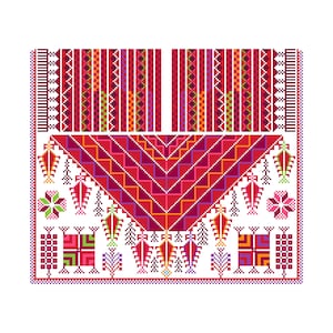 May include: A detailed, pixelated design featuring a central red and pink geometric pattern, surrounded by white space. The design includes various shapes and patterns in shades of red, pink, orange, green, and purple, creating a vibrant and intricate textile pattern.