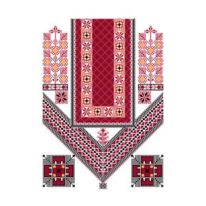 May include: A traditional embroidery design with a red, white, and black color scheme. The design features geometric patterns and floral motifs.