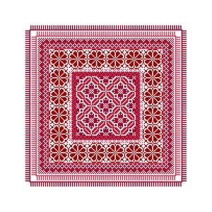 May include: A red and white geometric pattern with multiple layers of borders. The pattern is symmetrical and features a repeating design of flowers and stars.