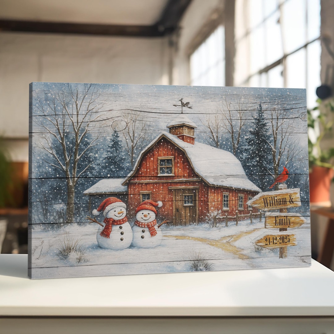 Rustic Christmas Barn Canvas Art: Snowman Couple, Cardinal Winter Scene ...