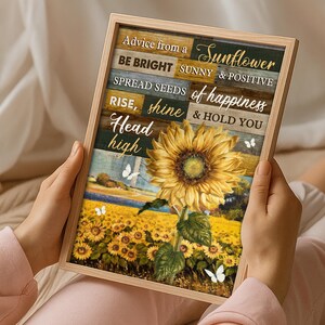 Sunflower Advice Wall Art Canvas, Rustic Motivational Quote Decor, Be Bright & Positive Flower Sign, Inspirational Gift for Her Poster Print