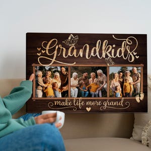 Personalized Grandkids Photo Canvas – Grandkids Make Life More Grand Wall Art – Custom Gift for Grandparents – Family Photo Collage Canvas