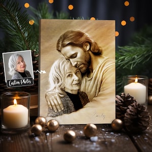 Jesus Porträt Anpassbar - Porträt mit Jesus - Sicher in den Armen Gottes - Erinnerungs-Leinwand - Willkommen zu Hause Leinwand - Kunst Geschenk für Papa Mama
