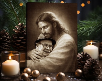 May include: A sepia-toned image depicts a religious scene. It features a portrait of Jesus embracing an elderly man wearing a hat and glasses. The image is surrounded by candles, pine cones, and Christmas tree branches, creating a warm, festive atmosphere.