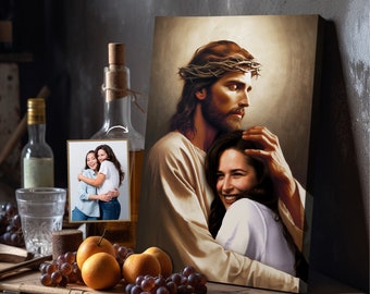 May include: A painting of Jesus Christ with a crown of thorns, holding a woman in his arms. The woman is wearing a white dress and has long brown hair. The painting is set against a light brown background.