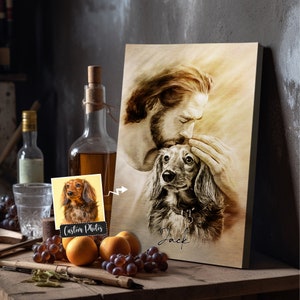 Jesus And Your Dogs - Personalized Canvas Your Dog Safe In The Arms Of God - Jesus Hugging Dog Art - Christ And Dog Pencil Sketch Wall Art