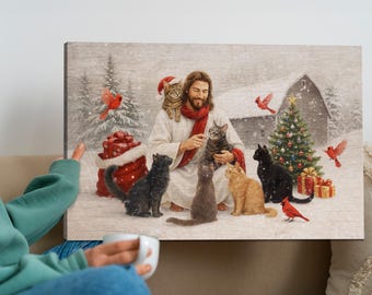 Jesus with Cats Christmas Canvas Art: Faith & Feline Holiday Decor