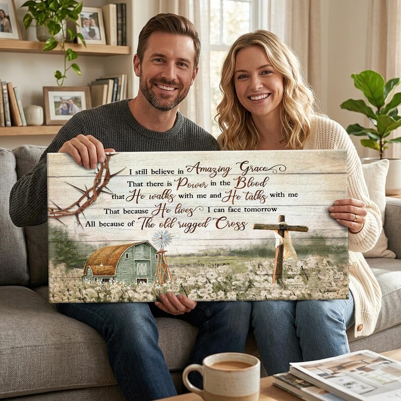 Christian Farmhouse Canvas Art, Grace Scripture, Rustic Cross Decor - Etsy