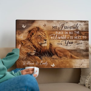 Personalized Lion Couple Canvas, Rustic Anniversary Gift