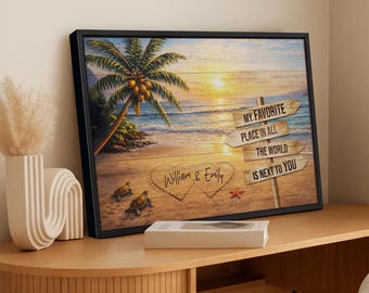 Personalized Beach Sunset Canvas, Custom Couple Names, Anniversary Gift