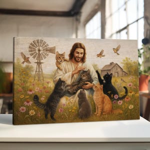 Jesus with Cats Canvas, Christian Animal Lover Wall Art, Rustic Farmhouse Faith Decor, Cute Cat and Jesus Print, Religious Gift Pet Lovers