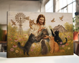 Jesus with Cats Canvas Print: Christian Farmhouse Wall Art