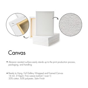 May include: White canvas stretched over a wooden frame. The canvas is 16 mil thick and has a fine weave. It is ready to hang and is made of 35% cotton and 65% polyester.