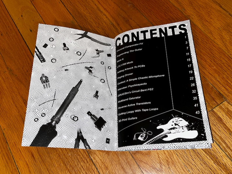 May include: An open book with a black and white cover. The book's title is "CONTENTS" and lists various topics related to guitar effects and DIY electronics. The left page features a black and white image of tools and electronic components on a dotted background.