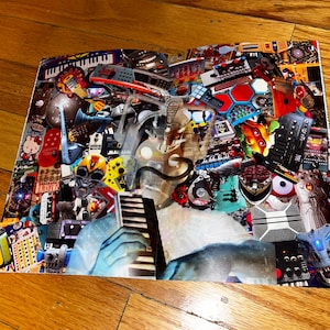 May include: A collage of musical instruments and electronic devices, including a keyboard, drum machine, and synthesiser. The image is a colourful and chaotic mix of textures and patterns.