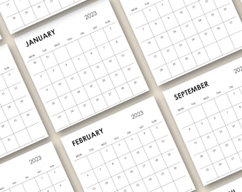 May include: A set of 10 printable calendar pages for the year 2023. Each page features a different month with the days of the week labeled. The calendar pages are designed in a minimalist style with black text on a white background.