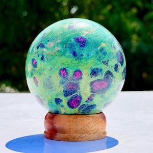 Natural Ruby Fuchsite Sphere, Emerald Green with Magenta Crystals, Polished Gemstone Orb (90mm)