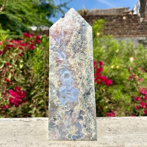 Amazing 275MM Natural Druzy White &green Moss Agate 4 Faceted Tower Points | Obelisk | Metaphysical| Gifting |