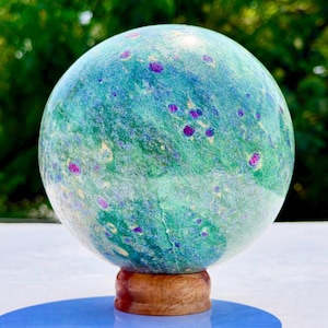 Hand Carved Ruby Fuchsite Sphere, Emerald Green with Ruby Crystals, Kyanite Rim Orb (145mm)