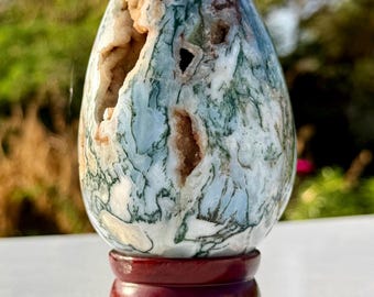 Large Moss Agate Druzy Egg: Spiritual Home Decor, Reiki Gift
