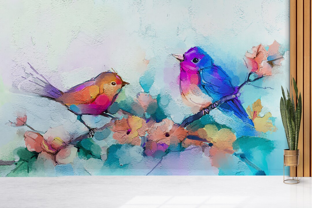 Abstract Bird Wallpaper, Colorful Bird Wall Art, Two Bird Wall Decor