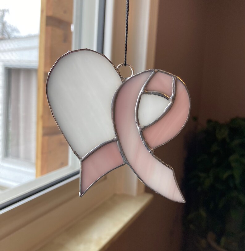 Stain Glass Suncatcher Breast Cancer Heart Ribbon, Window Hanging, Pink Ribbon Breast Cancer