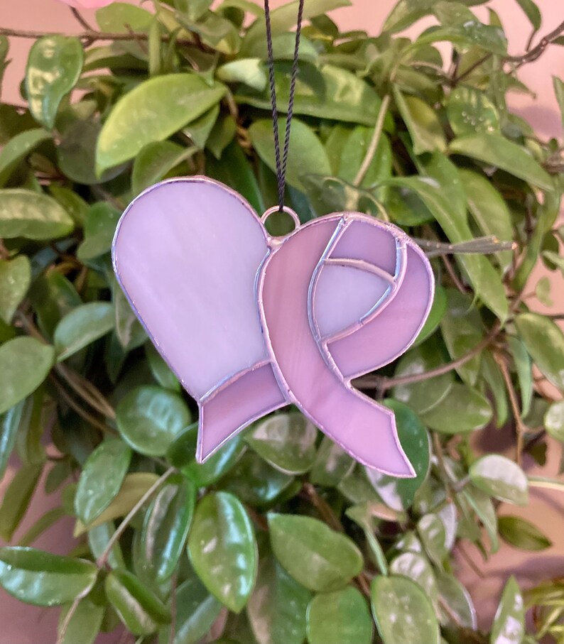 Stain Glass Suncatcher Breast Cancer Heart Ribbon, Window Hanging, Pink Ribbon Breast Cancer