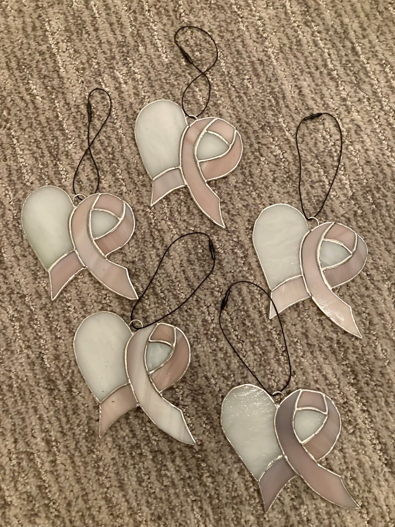 Stain Glass Suncatcher Breast Cancer Heart Ribbon, Window Hanging, Pink Ribbon Breast Cancer