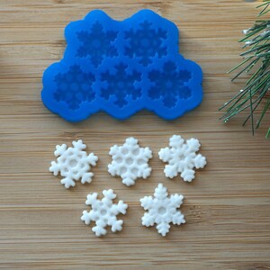 以下が含まれることがあります： 木製の表面に、6つの雪の結晶の形をした青いシリコンモールドと、5つの白い雪の結晶の形をした装飾品が置かれています。