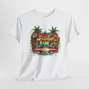 Cocoa Tea Ms. How She Name Kes-inspired Soca shirt with vibrant Caribbean music design, unisex fit, and cozy fleece material. Soca Junkie apparel.