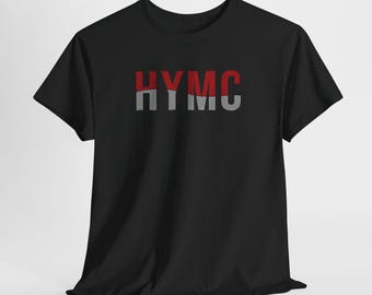 May include: Black t-shirt with the text "HYMC" in red and gray letters.
