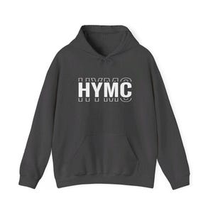 May include: Dark gray hoodie with a front pocket and a hood. The white text "HYMC" is printed across the chest. The hoodie is made of a soft material.