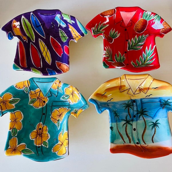 Vintage Clay Art Hawaiian Shirt Snack Dish Bowls Beach Coastal Surfboard Patterned Colorful Candy Dish Set of 4