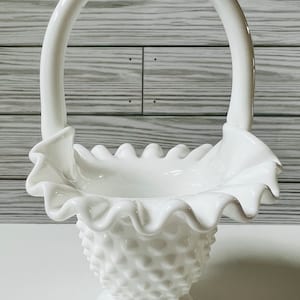 Vintage Fenton Hobnail Basket Milk Glass Crimped Footed Handled Basket Dish