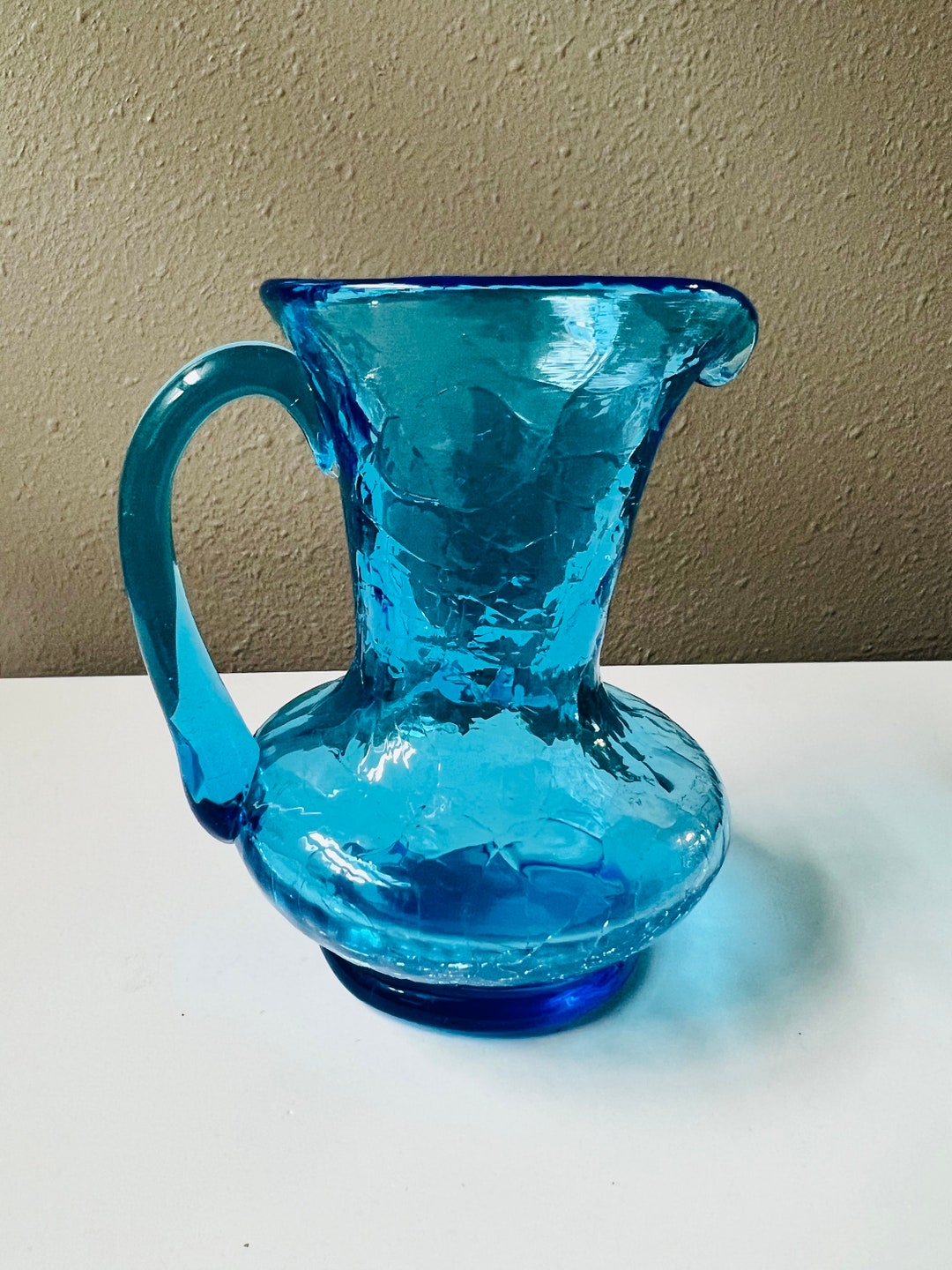 Vintage Bright Aqua Blue Hand Blown Crackled Small Pitcher - Etsy