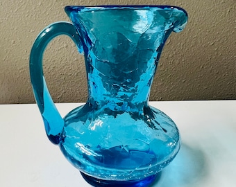 Vintage Bright Aqua Blue Hand Blown Crackled Small Pitcher