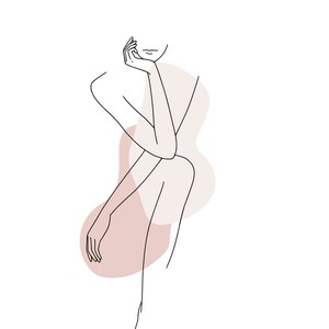 Könnte beinhalten: Linienkunst-Illustration einer Person mit einem Arm, der über den anderen gelegt ist, mit einer abstrakten Form in Blush-Rosa dahinter.