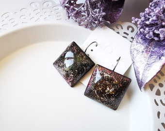 Mosaic Galaxy Earrings: Handmade Resin Square Earrings