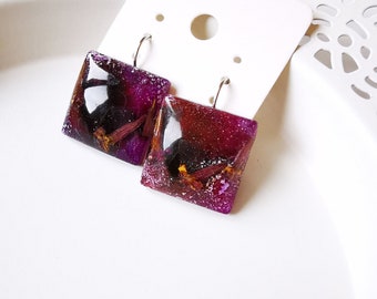 Galaxy earrings, Resin dried flower purple earrings, dangle square lightweight earrings