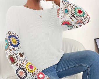 Floral Pattern Drop Shoulder Open Knit Sweater