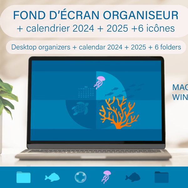 Fond d'écran organiseur de bureau | inspiré de la nature + icônes de dossier + calendrier 2024 + 2025 | Mac + Windows | pour l'organisation