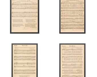 May include: Four vintage sheet music pages with black frames. The pages are cream colored with black text and musical notes. The titles of the songs are "Old Hundred", "On Jordan's Stormy Banks", "Our Rest for All", and "Only Waiting".