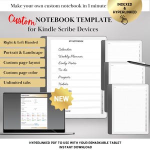 Op de afbeelding: Digitale notitieboek sjabloon voor Kindle Scribe-apparaten. De afbeelding toont een tablet met een notitieboek lay-out, een laptop en een stylus. Tekst bevat "Custom Notebook Template", "Right & Left Handed" en "Instant Download".