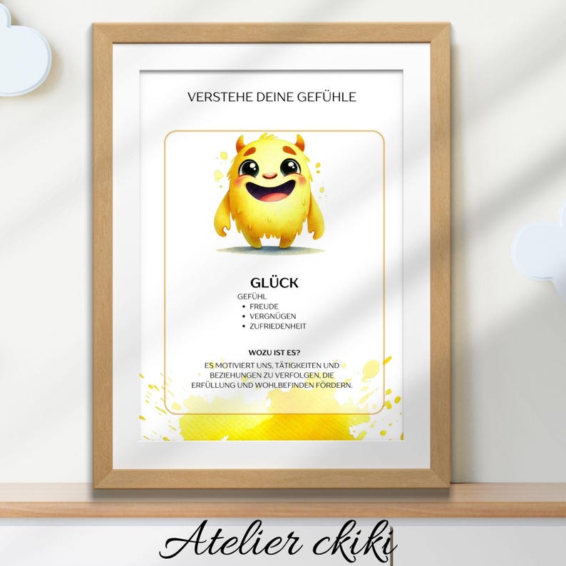 May include: A framed print with a wooden frame features a yellow cartoon monster with the German word "GL&Uuml;CK" (happiness). The print includes text in German about understanding feelings and the benefits of happiness.