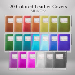 May include: Twenty different colored leather notebook covers, all in one set. The covers are arranged in three rows of seven, with a pen in the top right corner. The covers are all the same size and shape, and they have a small window on the front for a title.