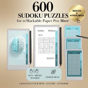 May include: A digital collection of 600 Sudoku puzzles for reMarkable Paper Pro Move tablets. The display shows a brain graphic, a Sudoku grid labeled #139, and navigation tabs. Includes a stylus, linked menu, and left or right-handed options.