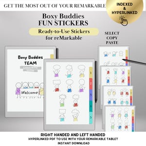 Puede incluir: Pegatinas digitales para tabletas reMarkable. La imagen muestra una tableta con pegatinas coloridas y listas para usar, incluyendo bocadillos y figuras de palo. El texto dice "Boxy Buddies FUN STICKERS" y "Ready-to-Use Stickers for reMarkable".